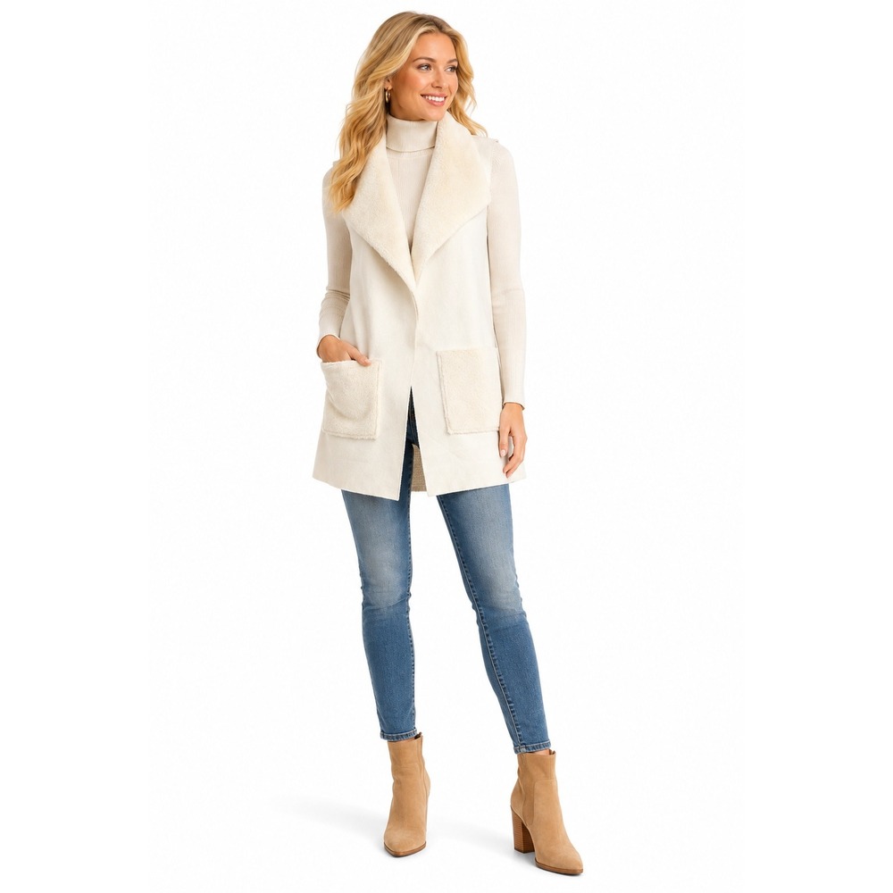Love Token Vest Women Medium Cream Faux Fur Trim Knit Back Open Front Luxe Gilet